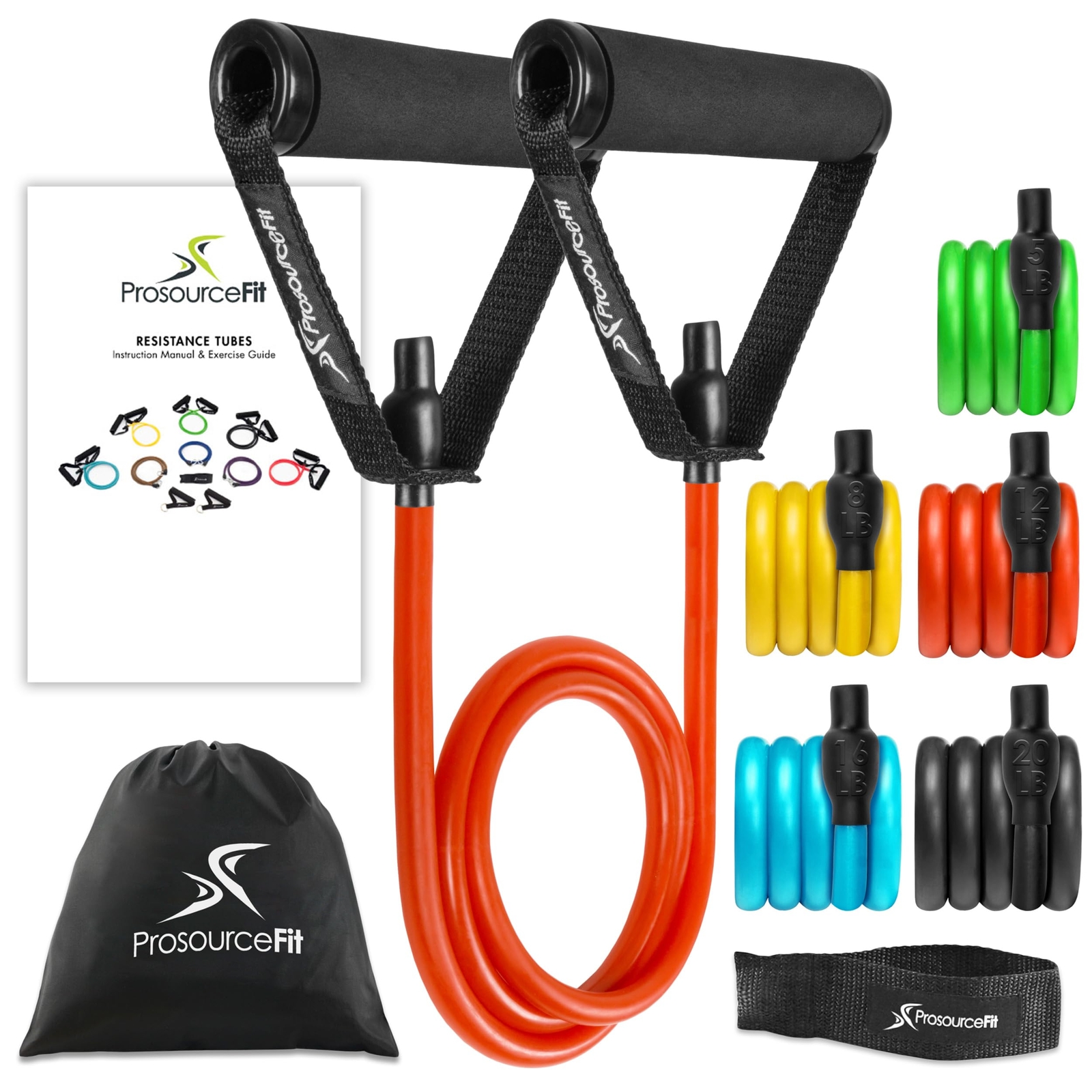 ProsourceFit Tube Resistance Bands Set 2 - 20 LB with Attached Handles Door A...
