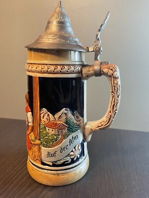 German Beer Stein Pewter Lidded Top Oktoberfest Da gibskasünd Auf der Alm 24oz