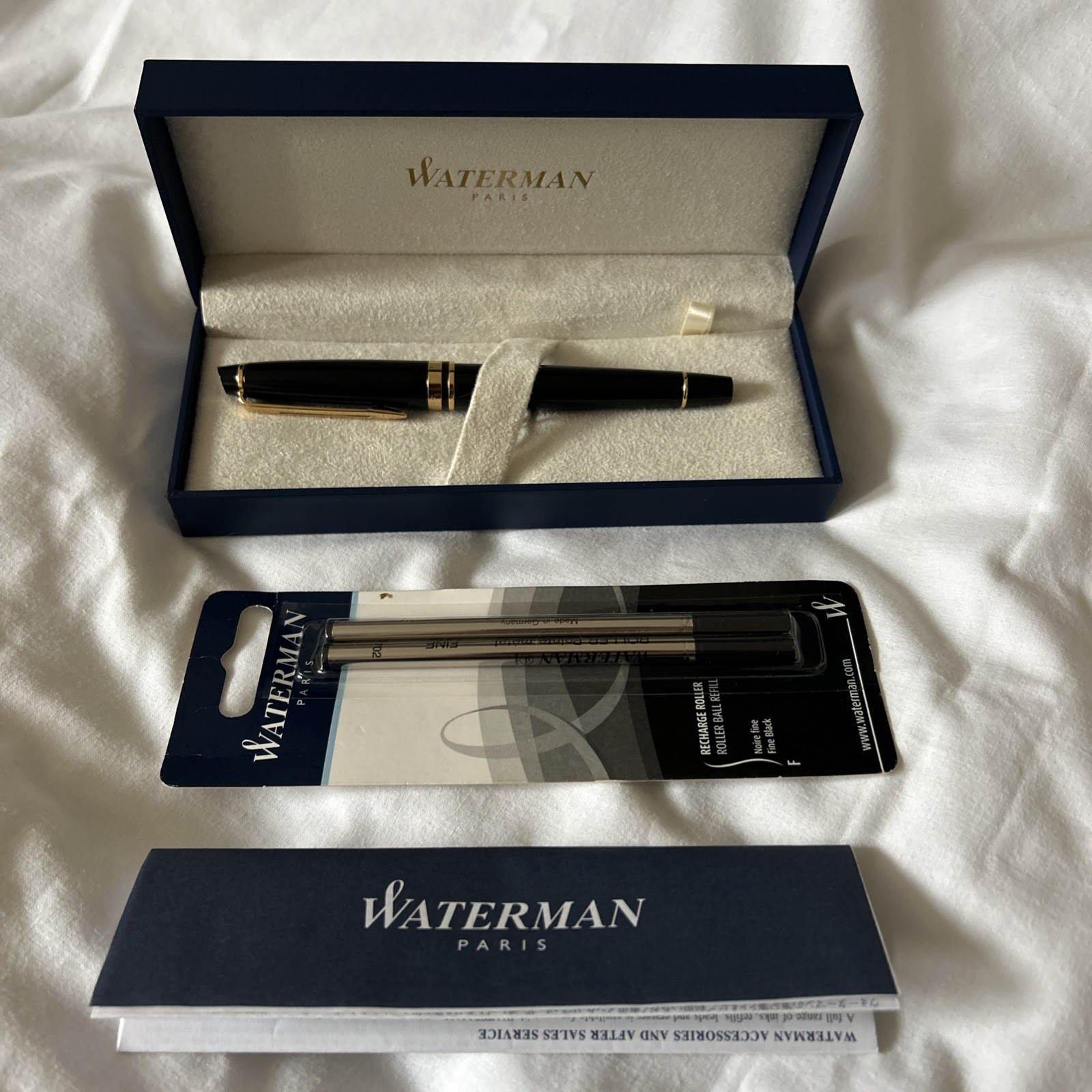 Gold Trim Waterman Paris Expert Ballpoint Pen Black Boxed New plus 2 New Refills