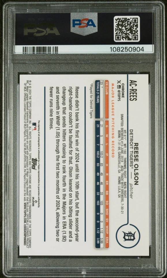 2024 Topps Chrome Update Reese Olson Rookie Black Refractor Auto /10 PSA 10 - Image 2 of 2