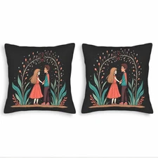 Set of 2 Throw Pillow Covers 18x18in - Whimsical Floral with Cartoon Characters
