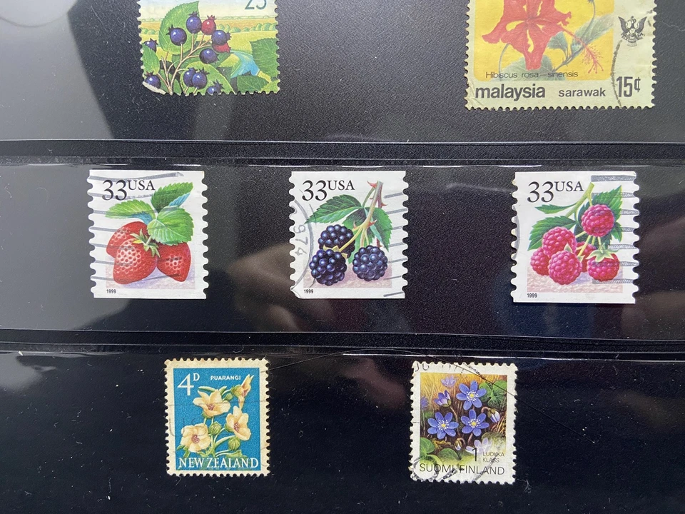 Lot of 8 Vintage Stamps – USA Fruit, Canada, Malaysia, NZ, Finland Flowers - Image 4 of 4