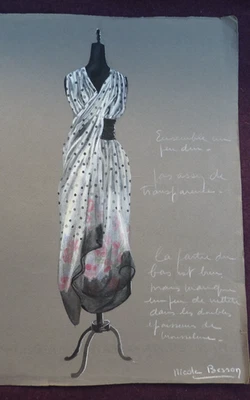 Dessin de Mode Paris crayon Robe de soirée signé Nicole Besson vers 1930 31cm - Photo 1/4