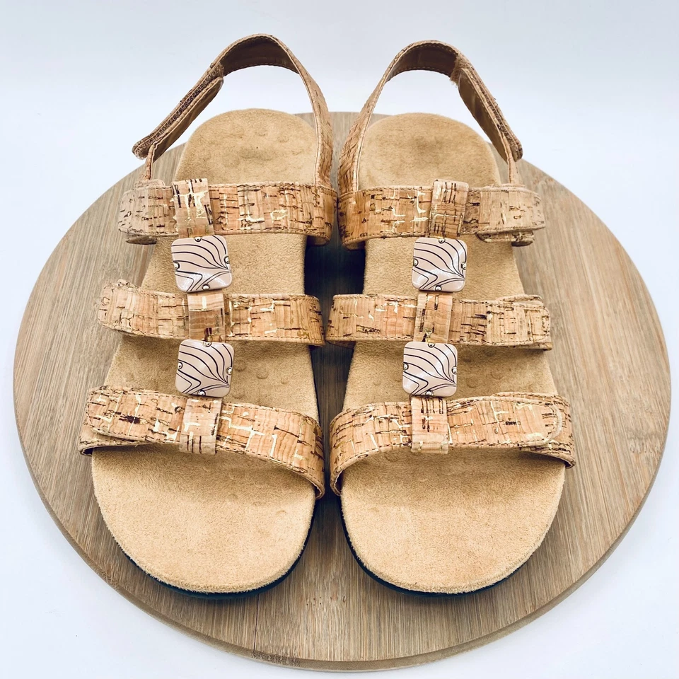 Vionic 琥珀凉鞋女式 11 米色皮革软木矫正露背平底鞋 — 第 2/4 张图片