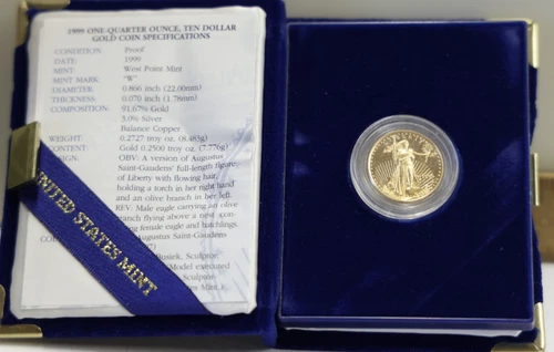 1999 US Proof Gold Eagle 1/4 oz $10 Gem Coin Felt Box & Papers