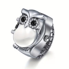 Women Elastic Owl Ring Watch Colorful Enamel Owl Design White