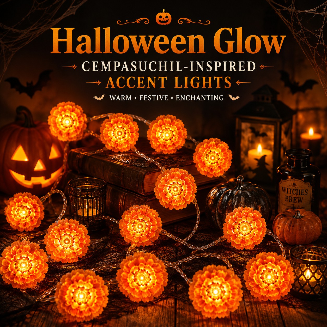 Lighted Marigold Garland, 20 LED Marigold Flowers String Lights Party Halloween