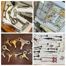 Vintage Clockmaker Repair Parts Lot - Hands, Springs, Winding Keys, Tools + MORE
