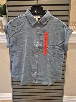 Jessica Simpson Women's Button Short Sleeves Cotton Shirt Top Med Size Blue
