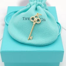 Tiffany & Co. Diamond Crown Key Pendant in 18K Yelllow Gold w/ Pouch Box