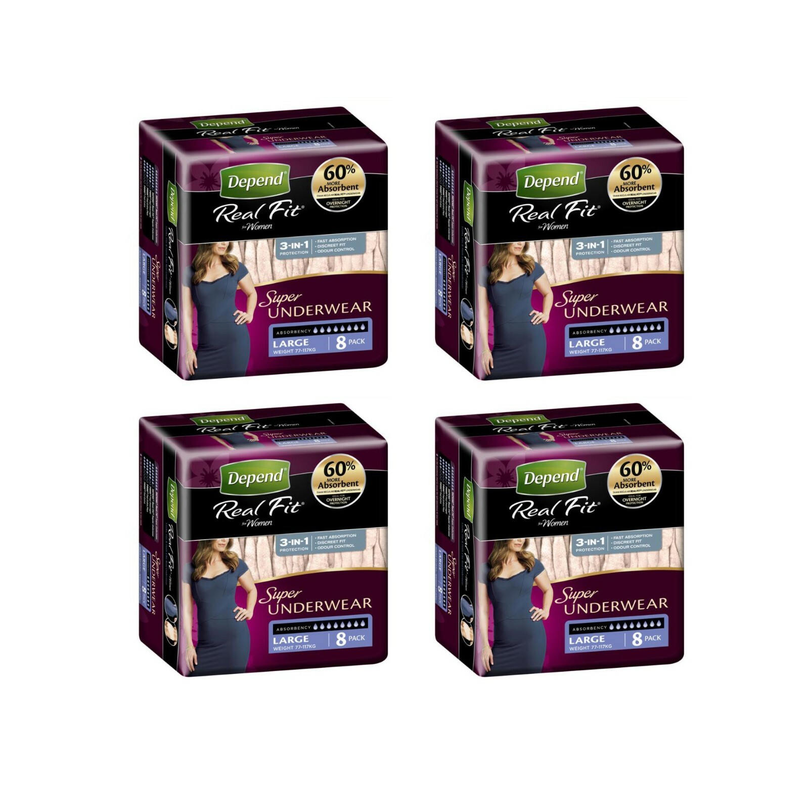 Depend Women Real Fit Super Underwear Large Discreet Breathable 4 x 8 = 32  Pants