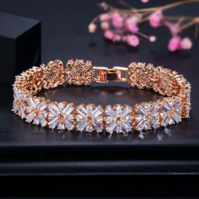 Sparkly Gold Plated Snowflake Cubic Zirconia Tennis Bracelet Bridal Jewelry Gift - Image 1 of 4