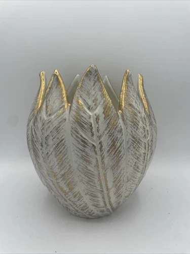 Vintage Royal Haeger Tweed Vase 22K Gold White 499S - 7.5” Tall