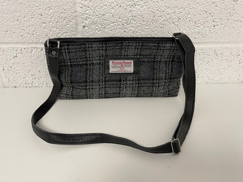 Harris Tweed Wool Leather Shoulder Bag Grey Check Tartan Harriswear Scotland - Picture 5 of 9