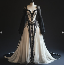 Vintage Gothic Wedding Dresses Long Sleeves Black and White A-Line Bridal Gowns