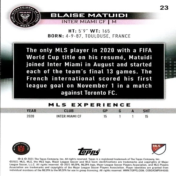 Blaise Matuidi (Inter Miami CF) 2021 Topps MLS Experience Card - Card Number 23 - Image 2 of 2