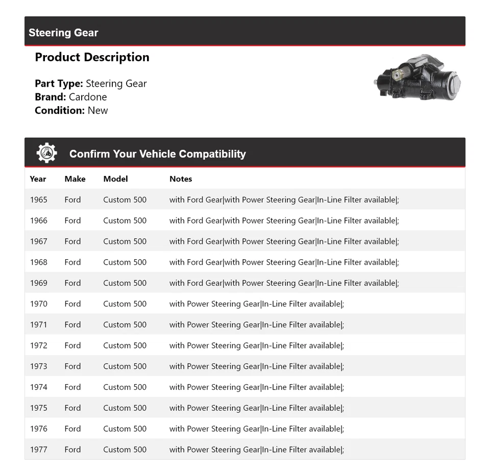 Para Ford Custom 500 1965-1977 engranaje de dirección Cardone 1966 1967 1968 1969 1970 Foto 2 de 4