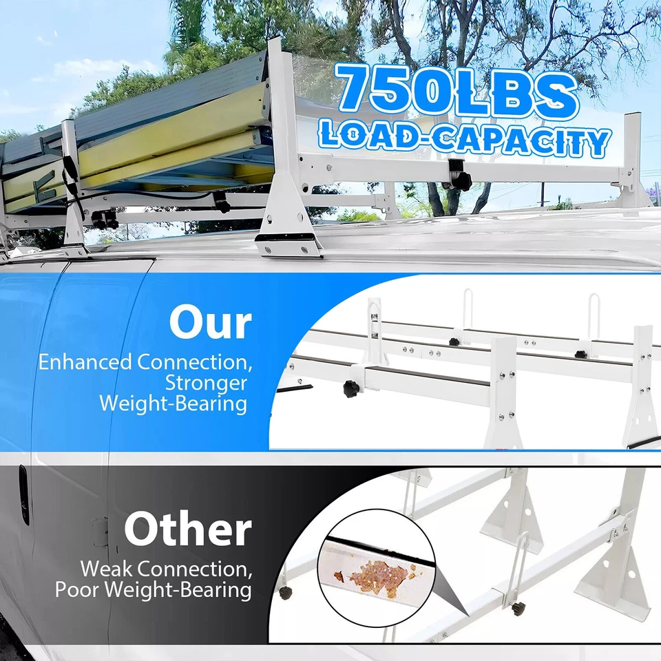 For Chevy Express 2500/3500 1996-up Steel White Cargo Van Roof Ladder Rack 3 bar Foto 3 de 4