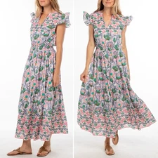 NWT Bindu Anika Dress Pink Multi Floral Ruffle Sleeve Maxi Boho Resort Sz Small