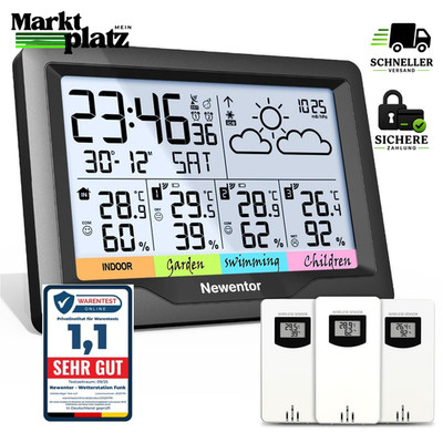 Wetterstation Funk mit 3 Außensensoren Thermometer Hygrometer DCF-Funkuhr
