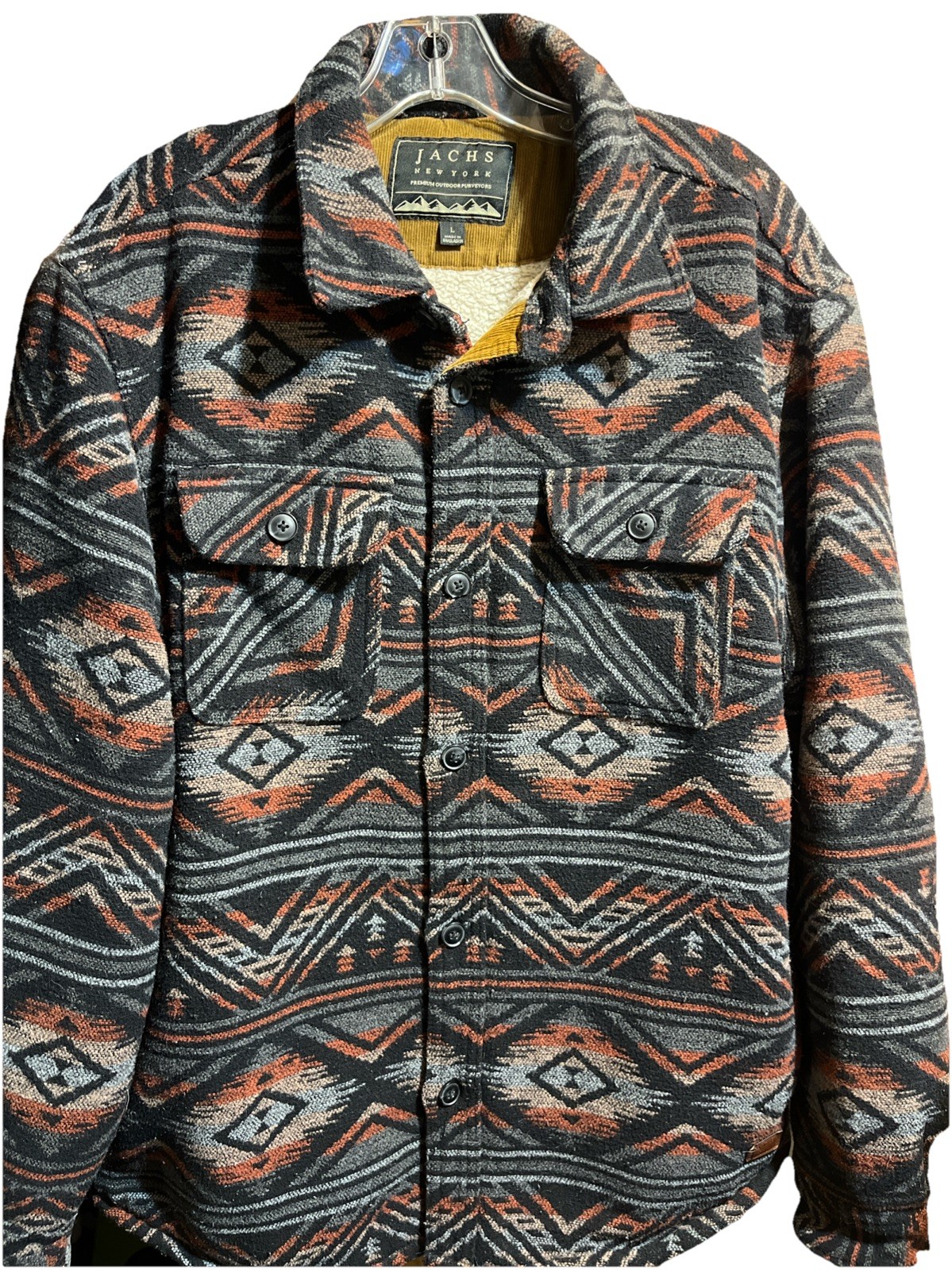Jachs New York Men Aztec Sherpa Lined Flannel Shirt Jacket Shacket L Torn Pocket