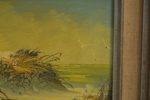 Vintage Painting Ocean Beach Surf Seagulls Seaside Fence Signed Muted Colors - Picture 5 of 13