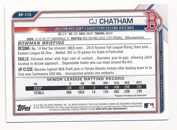 CJ CHATHAM 2021 BOWMAN PURPLE #BP-113 SP BASEBALL BOSTON RED SOX #197/250 - Image 2 of 2