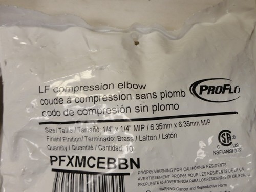 Fitting Brass Elbow 1/4" Compression x 1/4"Male NPT ProFlo PFXMCEBBN 50pcs - Picture 6 of 9