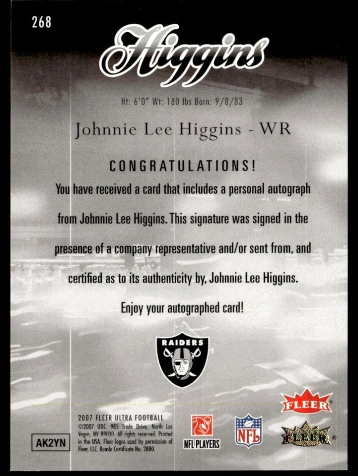 2007 Fleer Ultra Rookie Auto Johnnie Lee Higgins 082/199 #268 - Image 2 of 2