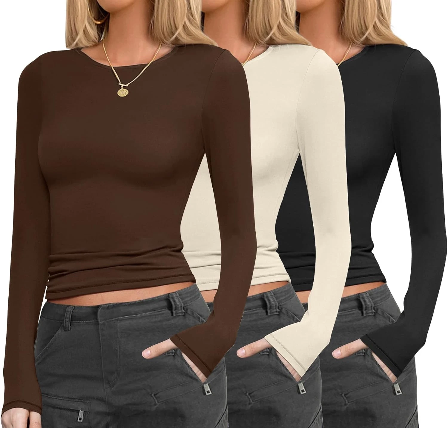 Ekouaer Womens 3 Pack Long Sleeve Shirts Fitted Top Base Layering Tight Thermal