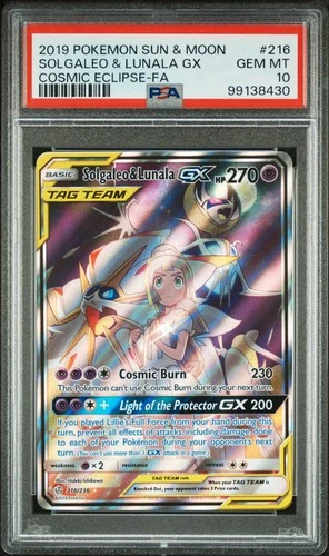 2019 POKEMON SUN & MOON COSMIC ECLIPSE #216 FULL ART/SOLGALEO & LUNALA GX PSA 10