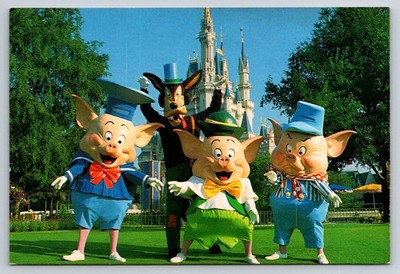 Vintage Disney World Postcard Three Little Pigs Big Bad Wolf Castle 1970s 80s