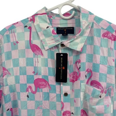 Margaritaville Flamingo Checkered Short Sleeve Button Up Shirt Blue Pink L NWT
