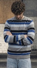 Vintage Fred Perry Striped Jumper Grey Blue Y...