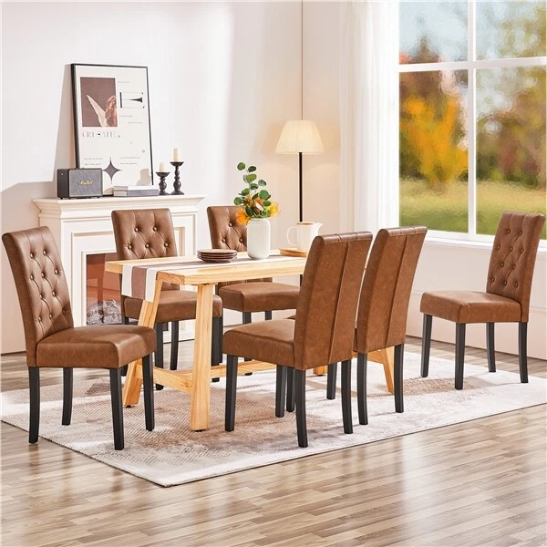 Dining Chairs Set of 2 4 6 Faux Leather Chairs with Solid Wood Legs Retro Brown