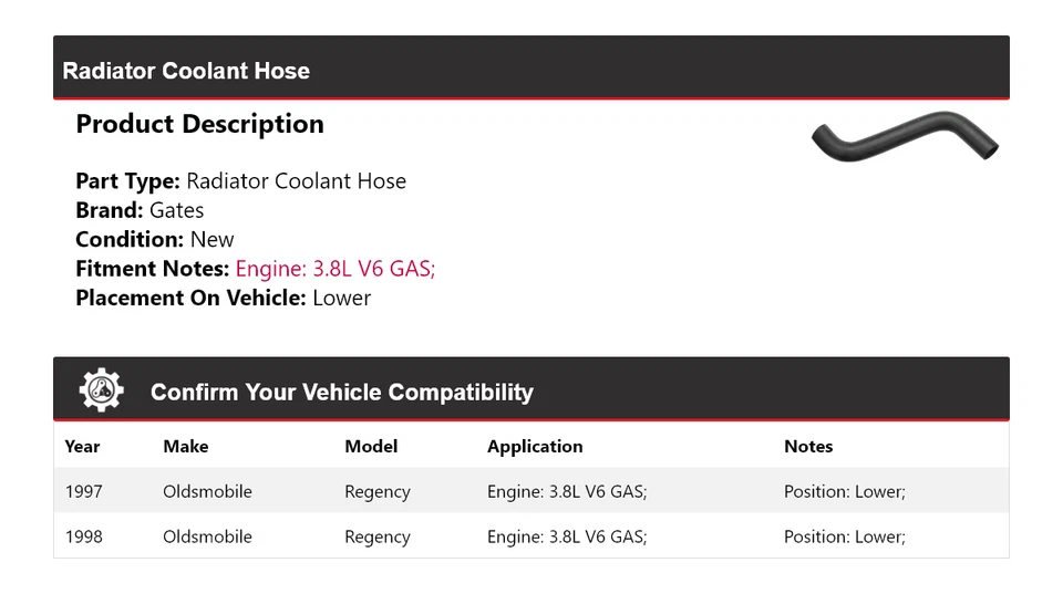 Manguera de refrigerante de radiador de gas Oldsmobile Regency 1997-1998 3,8 L V6 puertas inferiores Foto 2 de 4