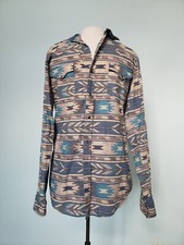 Roper Men's M Shirt Aztec Western Pearl Snap Brushpopper Cowboy Tan Blue Retro