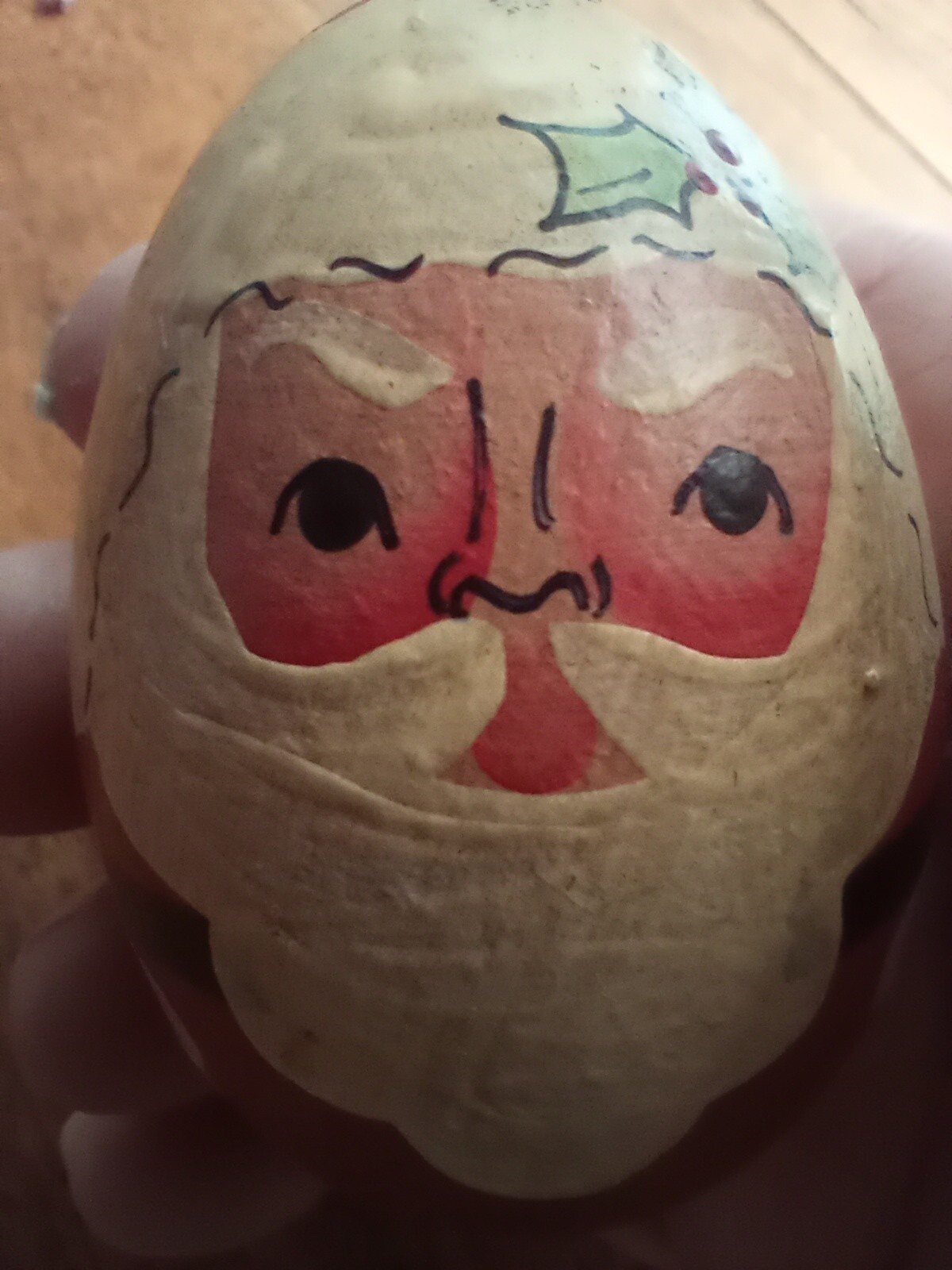 Vintage Wooden Santa Egg Hand Painted 5 1/2” Tall Christmas Holly Toys Holiday