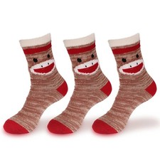 Animal Double Layer Thick Soft Warm Fuzzy Non-Skid Crew Socks, 3 Pair Monkey