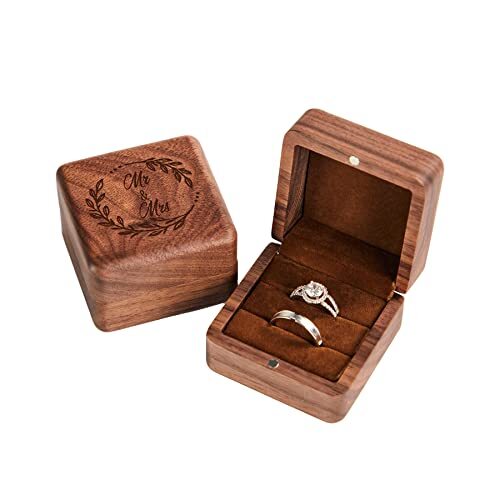 Entcook Wooden Ring Box With Open Window - Engagement Proposal Jewelry Box, Single Slot, Brown Lining