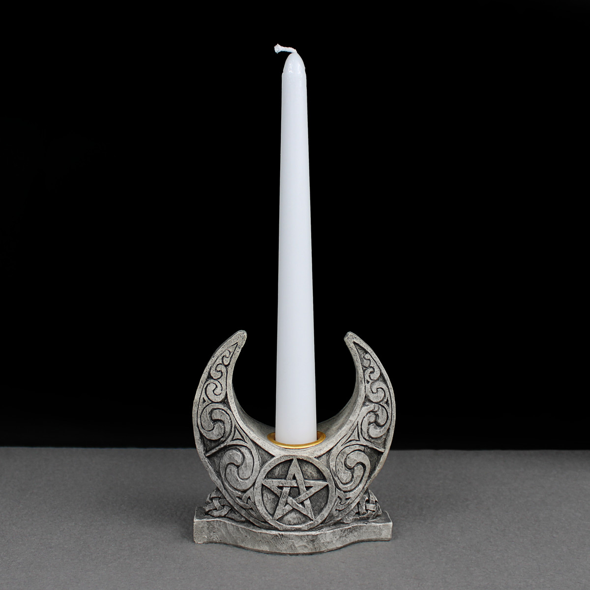 Wiccan Candle Holder - Pentacle Crescent Moon Wicca Altar Decor - Stone Finish