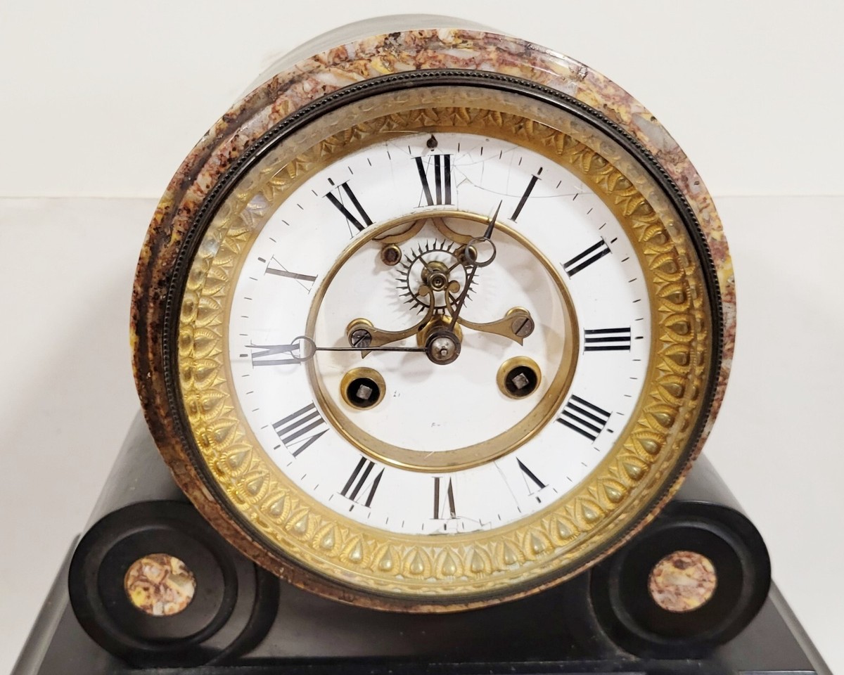 Antique FRENCH Napoleon III Inlaid MARBLE 3 Piece CLOCK SET w