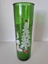 VTG UNUSED Mid Century Green Glass Pillar Candle Holder Christmas Tree 1970's