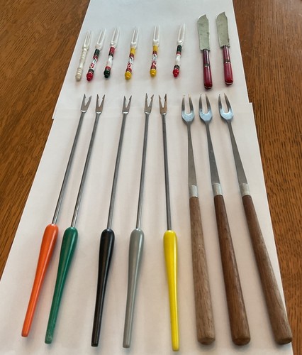 MCM 8 Gently Used Fondue Forks, 5 Pickle Or Cheese Forks, 2 Asian Knives