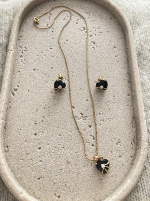 Vintage SETA Necklace & Earring Set Gold Tone Black Romantic Hearts Rhinestones