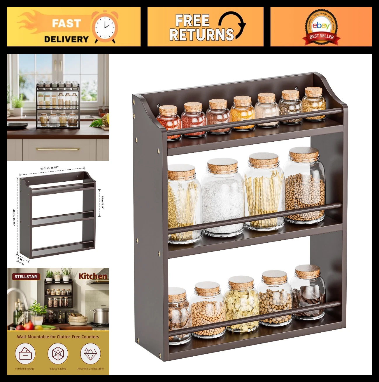 3-Tier Bamboo Spice Rack Organizer - Seasoning Jars Shelf for Kitchen & Crafts