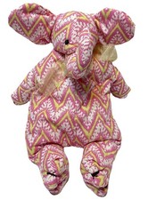 Vintage Handmade Plush Stuffed Elephant Pink and Yellow Chevron Pattern 19 in