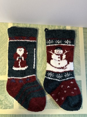 2 Vtg  Heavy Thick Chenille Christmas Stockings Santa & Snowman 17 x6  22