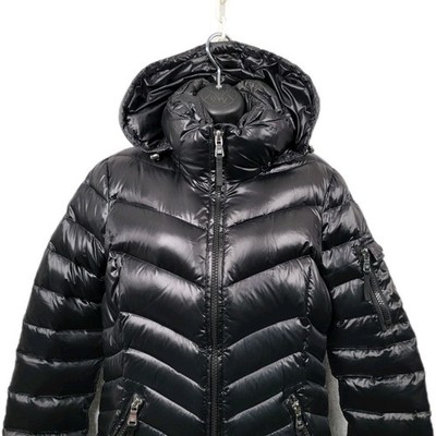 Calvin Klein Shiny Puffer Long Jacket Hooded Chevron Quilted Black Women's Small