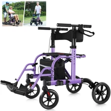 2IN1 Rollator Walker + Transport Chair, Adjustable, Folding, Wheelchair, Purple